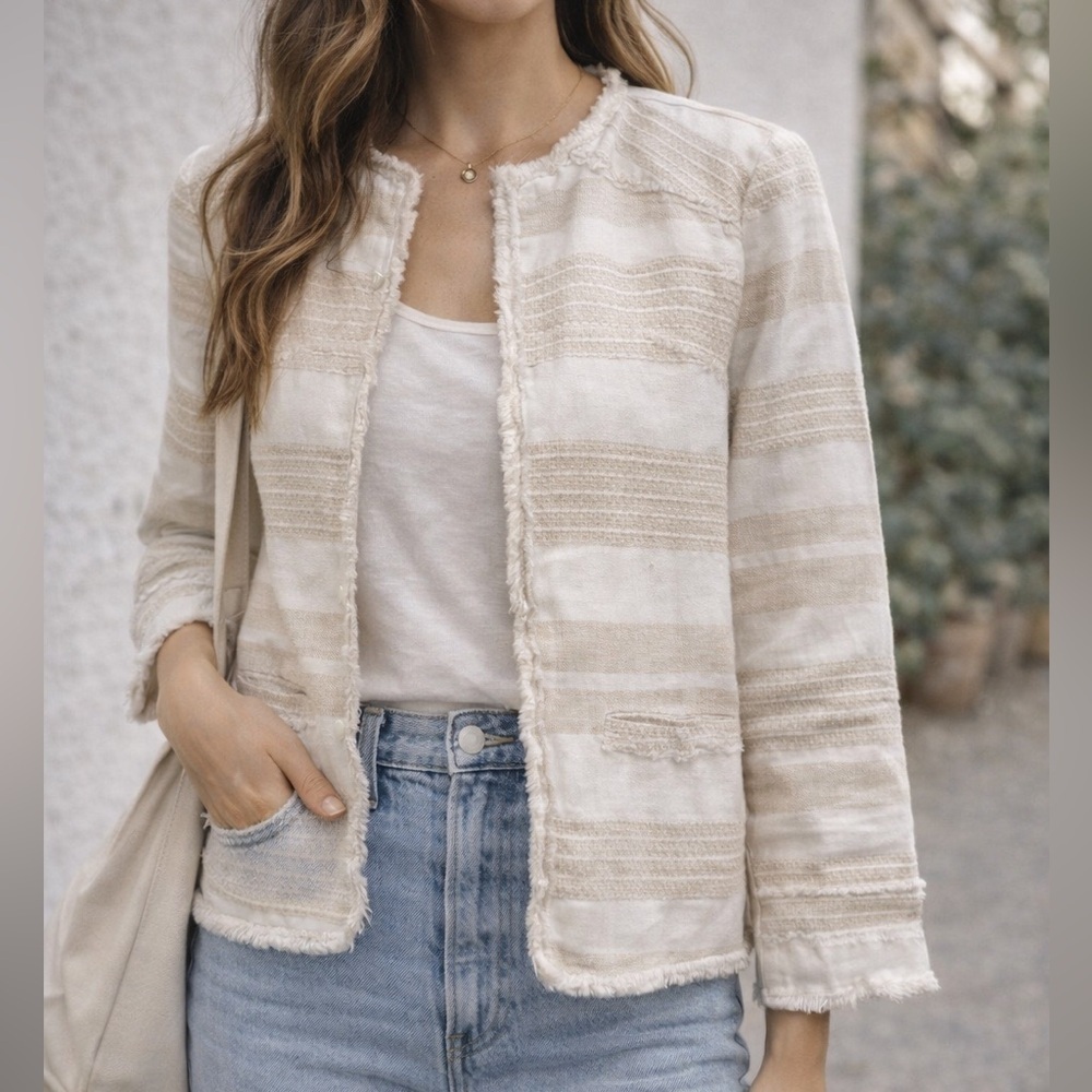 Greylin stripe linen cotton Blazer small fringe trim open front
